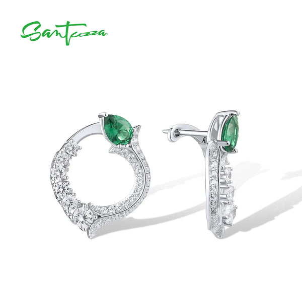 925 Sterling Silver Stud Earrings with White CZ and Green Spinel