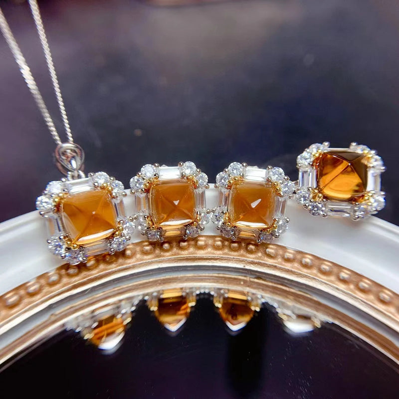 925 Silver Citrine Sugar Tower Jewelry Set for Women