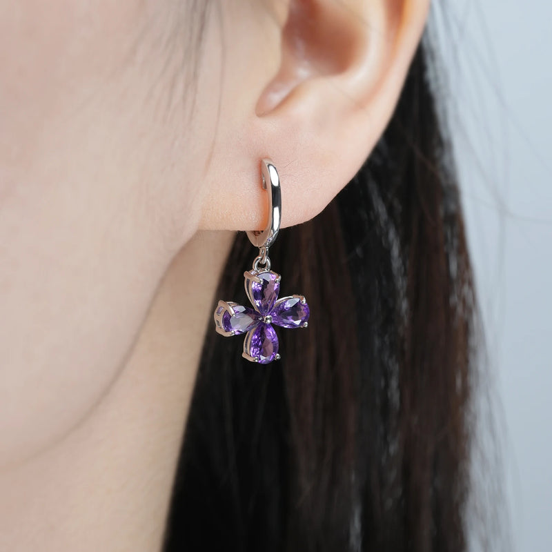 Sterling Silver Amethyst Flower Drop Earrings for Women