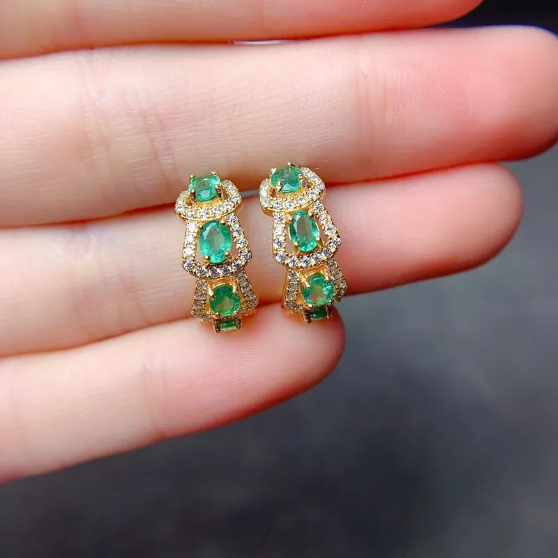 Sterling Silver Natural Emerald Diamond Earrings for Women