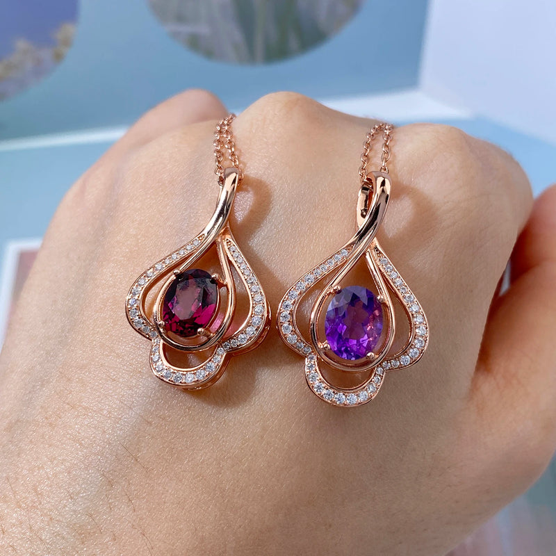 Sterling Silver Rose Gold Plated Garnet Amethyst Pyrope Pendant Necklace for Women