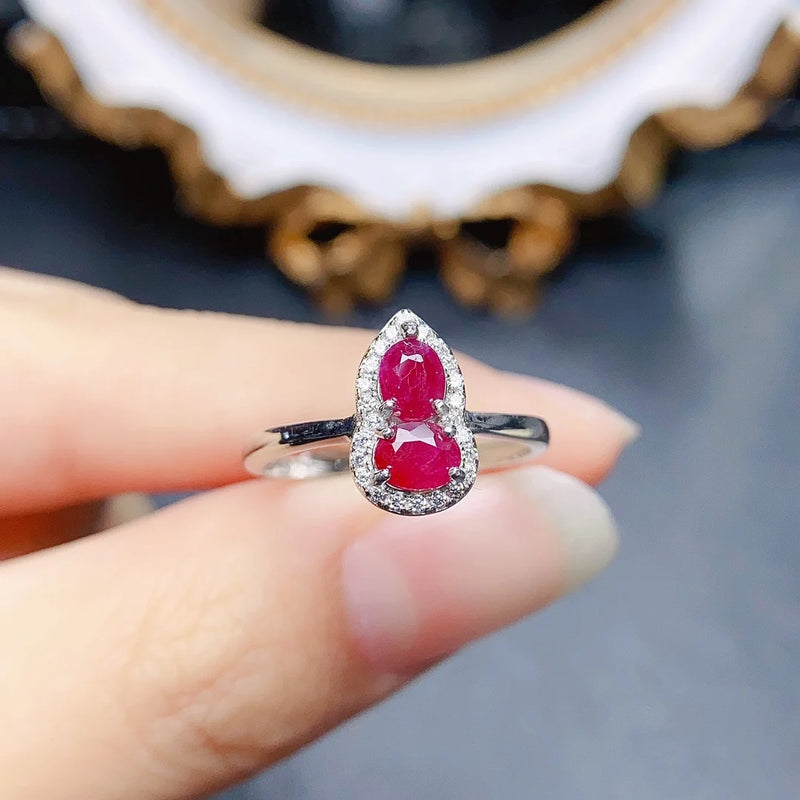 Sterling Silver Natural Ruby Gourd Shaped Ring for Women