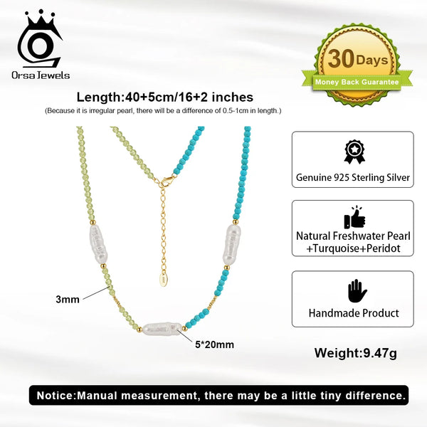 925 Sterling Silver Baroque Pearl Beads Necklace with Green Peridot & Turquoise, Collar Style for Women