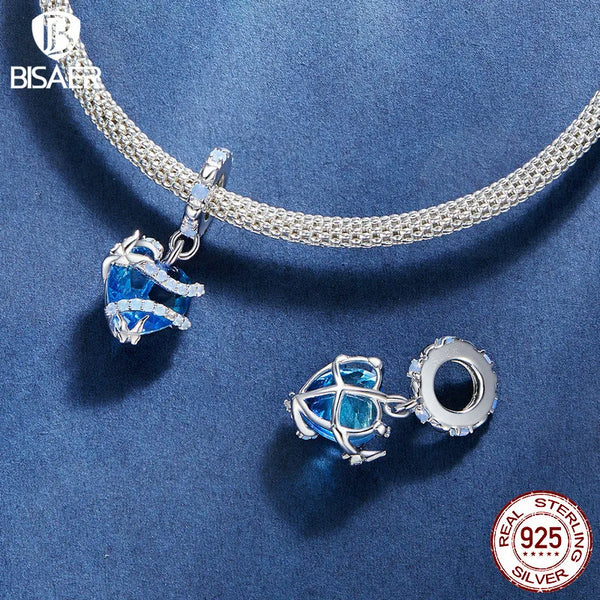 Sterling Silver Flower Anchor Charm Bead with Blue Heart Pendant for Women