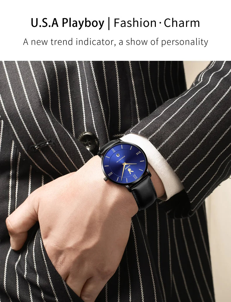 Stainless Steel Leather Strap Quartz Watch for Men