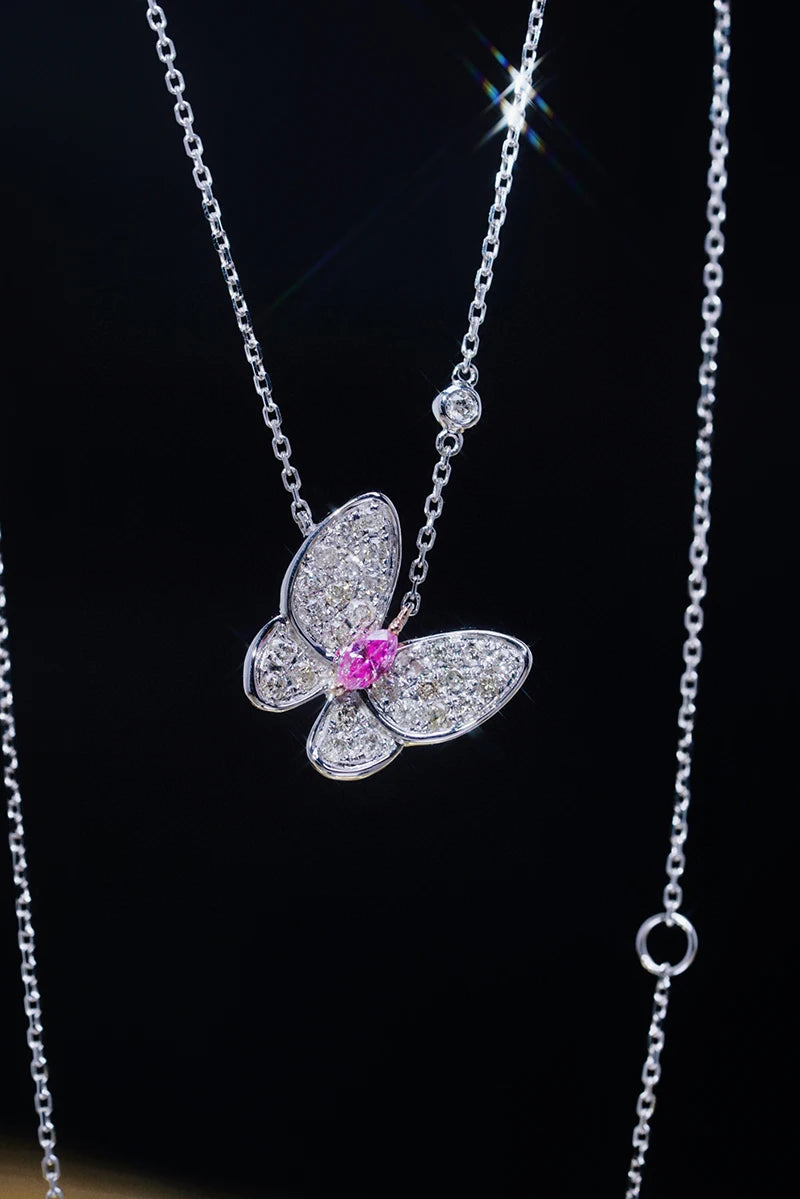 18K White Gold Pink Diamond Butterfly Pendant Necklace for Women