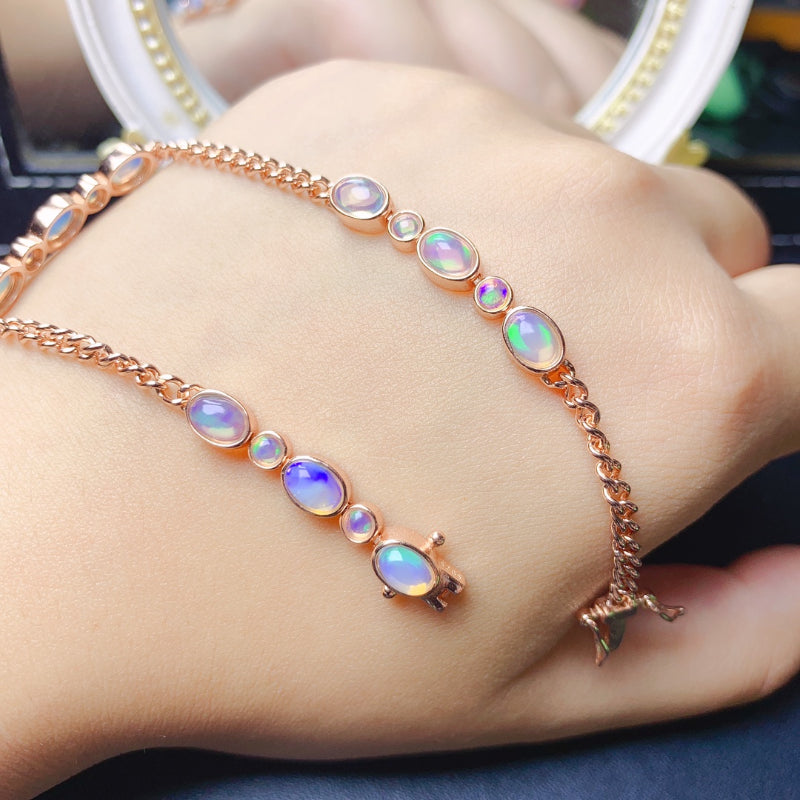 925 Sterling Silver Natural Opal Bracelet, 4-6mm and 3mm, for Women