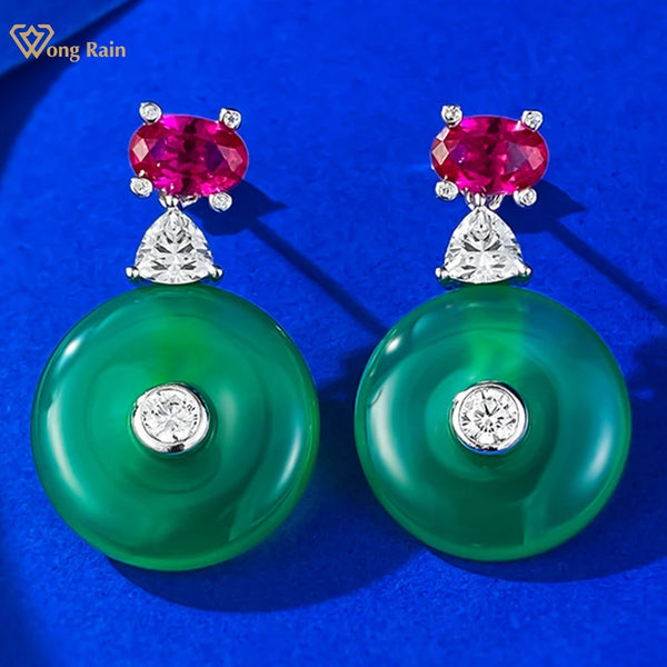 Wong Rain Vintage 100% 925 Sterling Silver Lab Ruby Sapphire Natural Green Jade Gemstone Drop Earrings for Women Party Jewelry