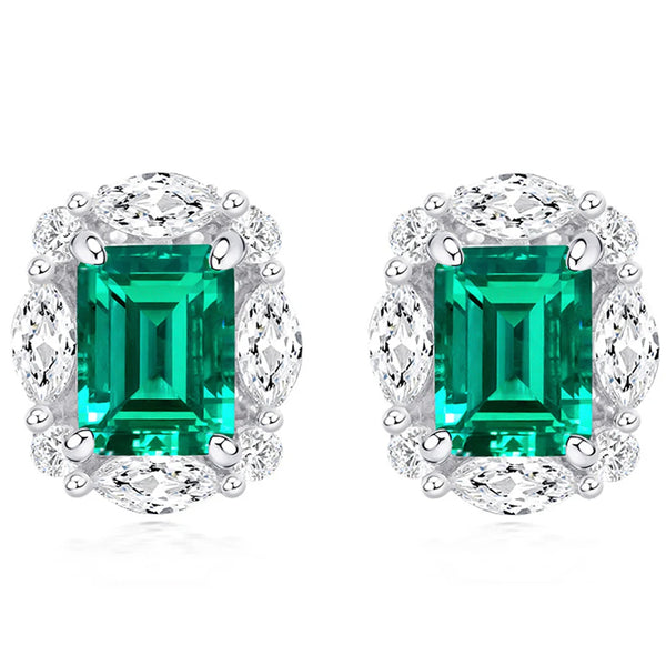 Wong Rain Vintage 100% 925 Sterling Silver 6*8 MM Lab Emerald High Carbon Diamonds Gemstone Ear Studs Earrings Fine Jewelry Gift