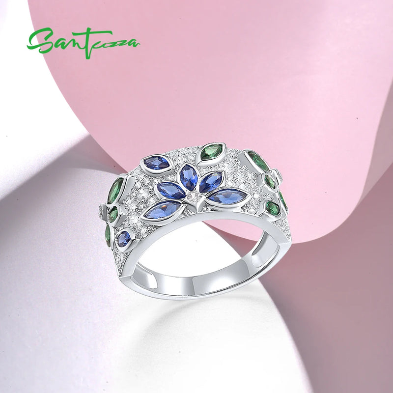 925 Sterling Silver Blue Green Spinel & White CZ Cluster Flower Ring For Women