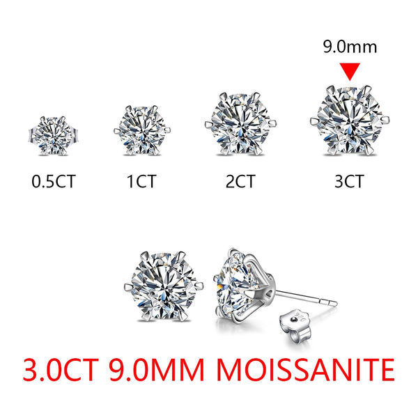 925 Sterling Silver 3.00 Carat Moissanite Stud Earrings for Women