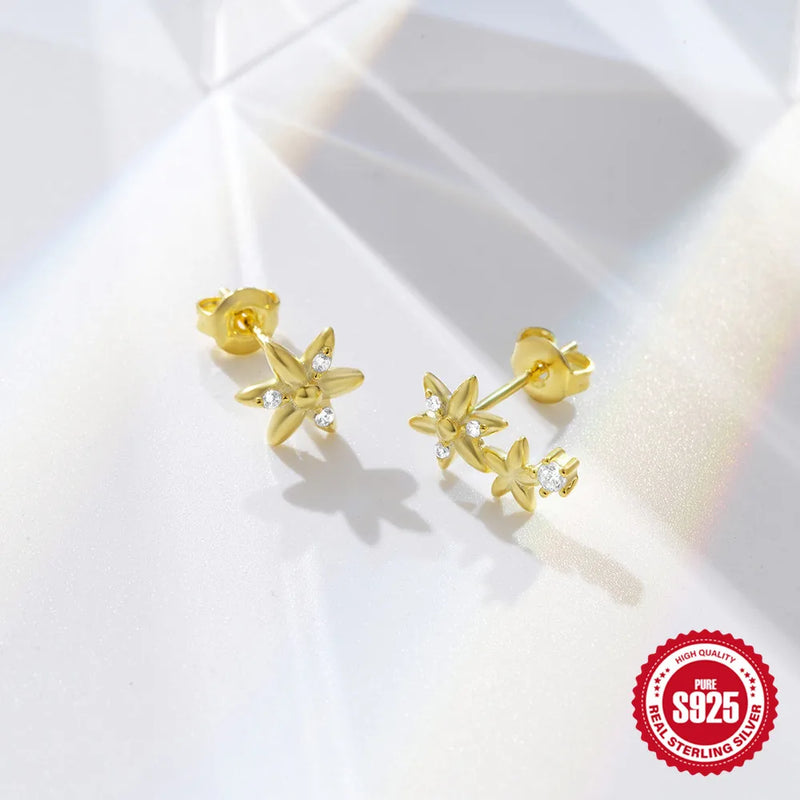 925 Sterling Silver Star Crystal Flower Stud Earrings for Woman