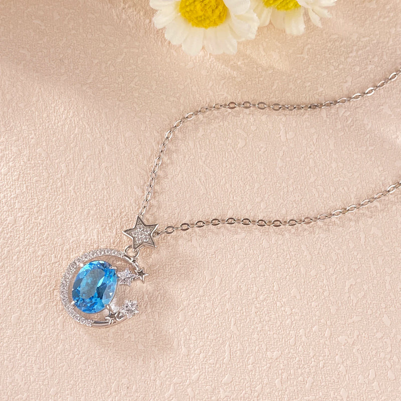 925 Silver Blue Topaz Moon and Star Pendant Necklace for Women