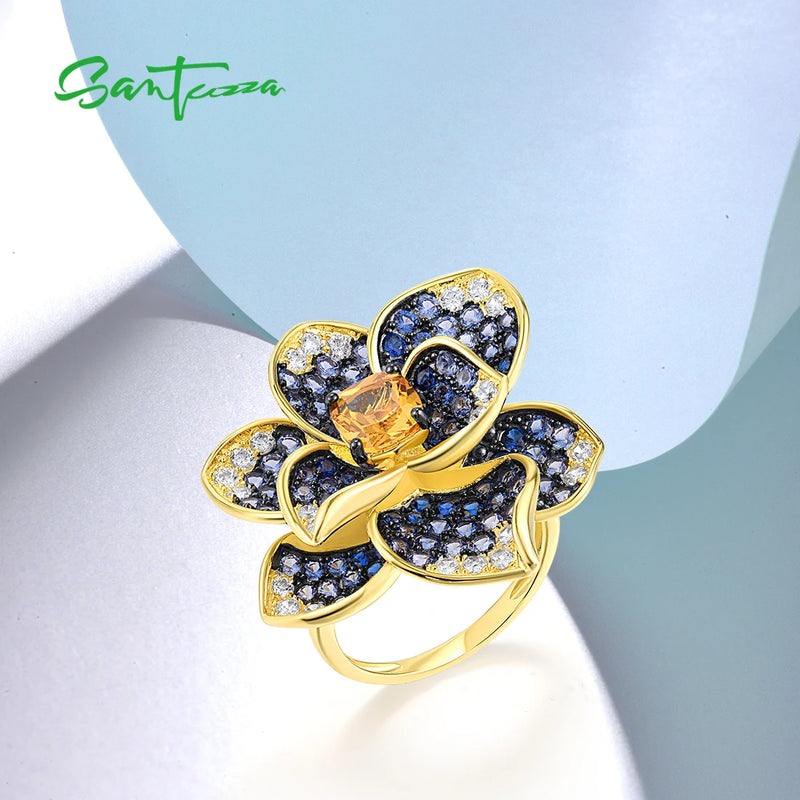 925 Sterling Silver Blue Spinel Yellow Crystal Flower Ring for Women