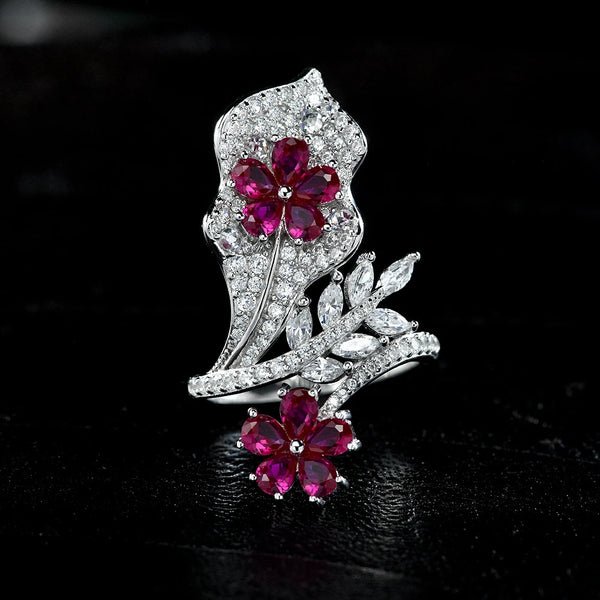 925 Sterling Silver Flower Ruby Diamond Gemstone Ring for Women