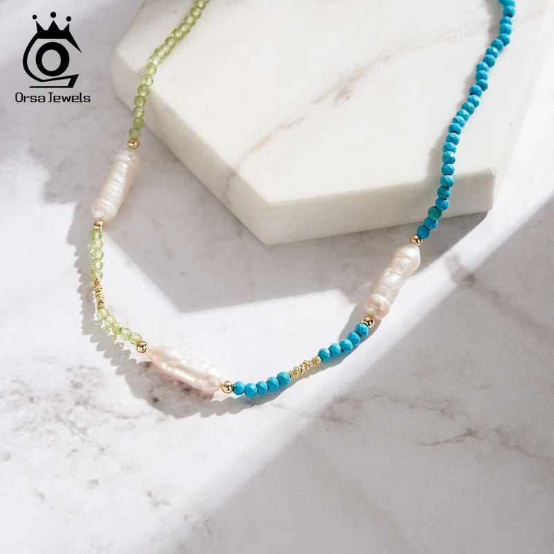 925 Sterling Silver Baroque Pearl Beads Necklace with Green Peridot & Turquoise, Collar Style for Women