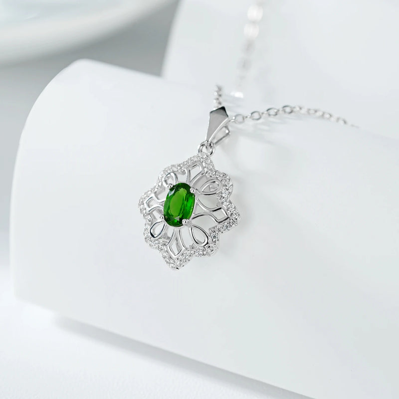 925 Sterling Silver Diopside Flower Pendant Necklace for Women.