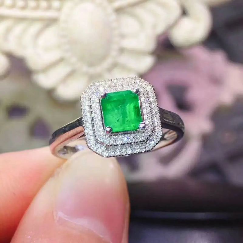 925 Sterling Silver Natural Emerald Ring for Women