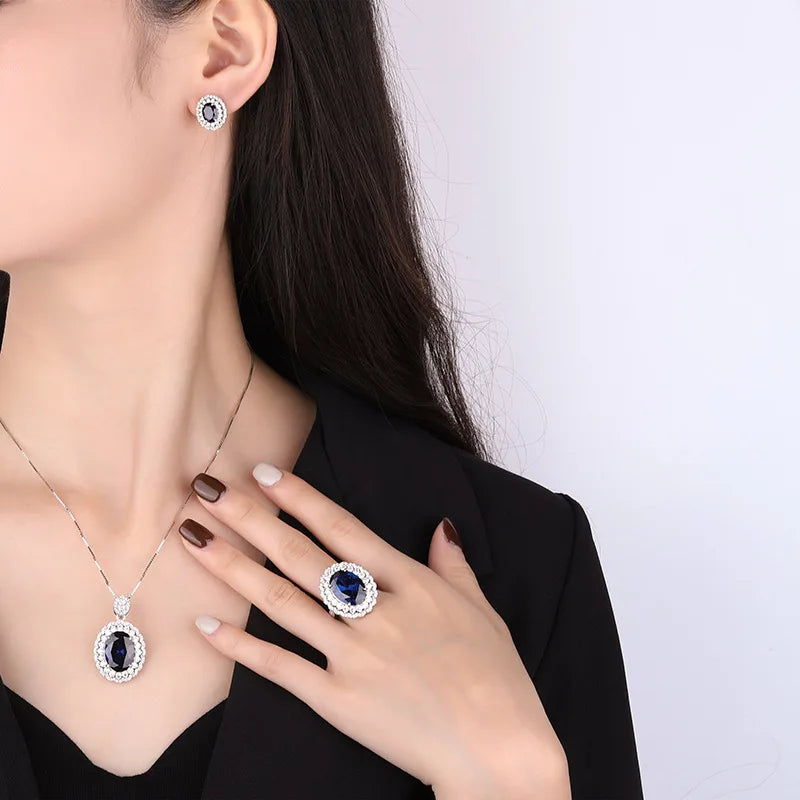 S925 Silver Tanzanian Blue Topaz Statement Jewelry Set for Women