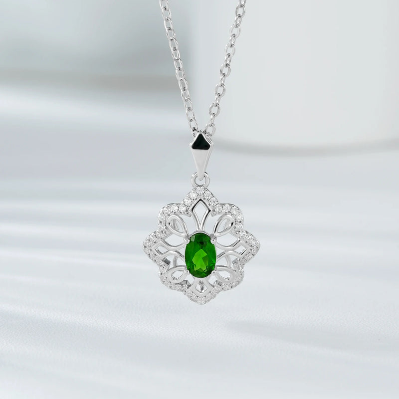 925 Sterling Silver Diopside Flower Pendant Necklace for Women.