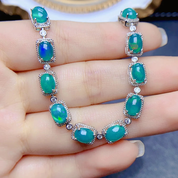 S925 Sterling Silver 5*7mm Natural Green Opal Bracelet for Women