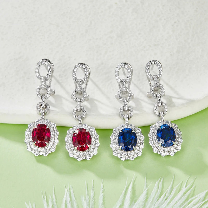 925 Sterling Silver Oval Cut Sapphire & Ruby Diamond Drop Earrings for Women