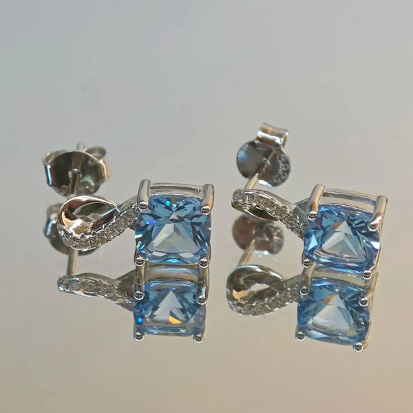 925 Sterling Silver Blue Topaz Stud Earrings 6x6mm for Women