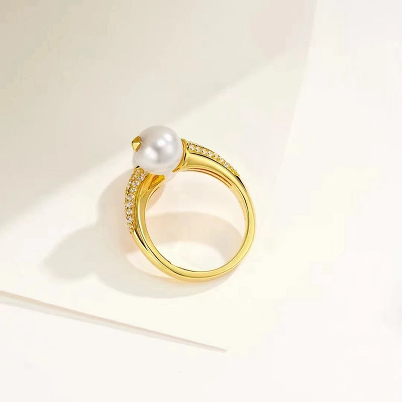 18K Gold Plated 925 Sterling Silver Pearl High Carbon Diamond Gems Vintage Ring