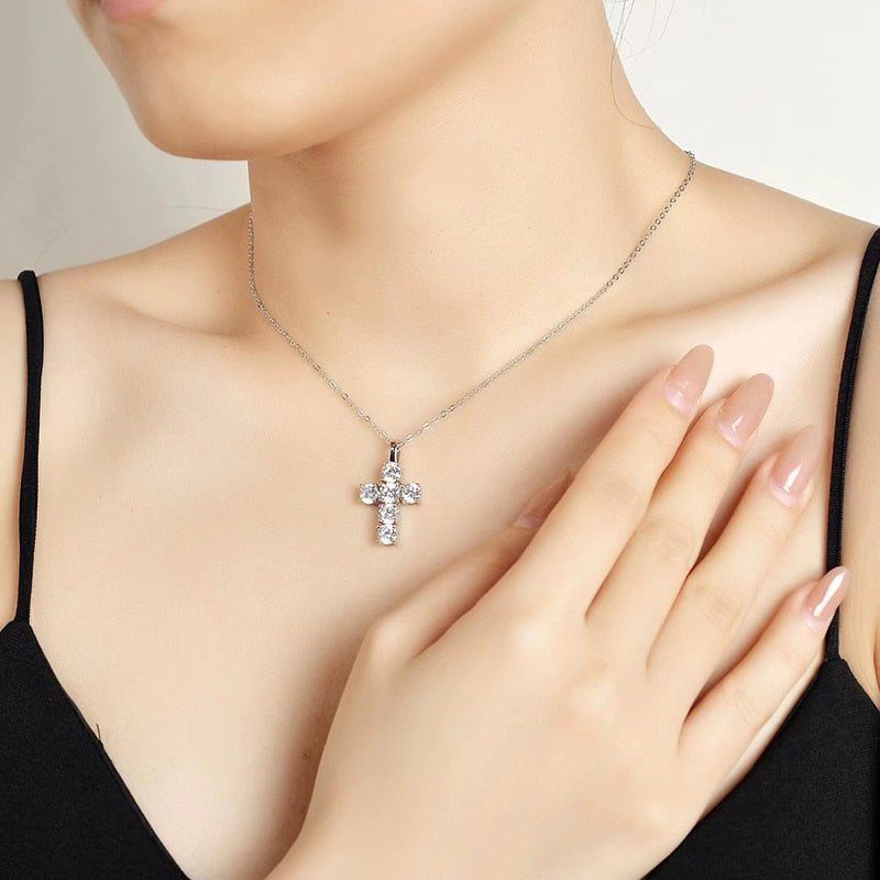 S925 Sterling Silver Real Moissanite Cross Pendant Necklace (3ct), for Women