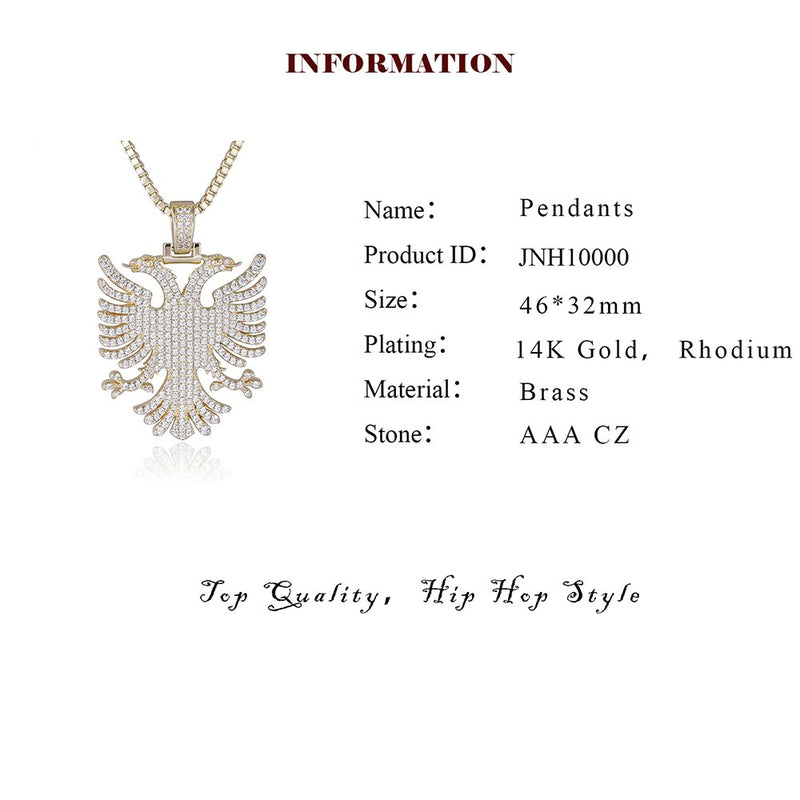 Gold Plated Cubic Zirconia Albanian Eagle Pendant Necklaces for Men