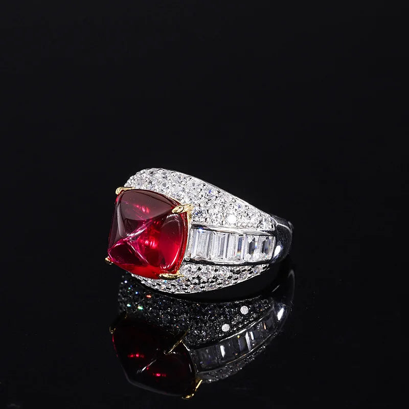 Sterling Silver Pigeon Blood Red Gemstone Sugar Tower Ring Set for Women