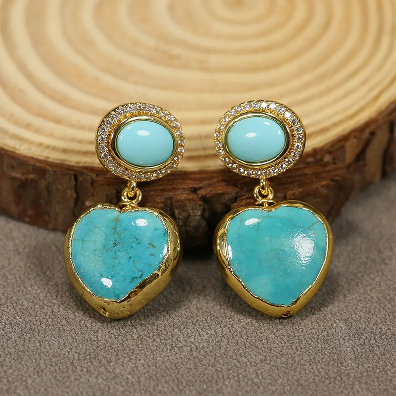 24K Gold Plated Turquoise Smooth Heart Stud Earrings for Women