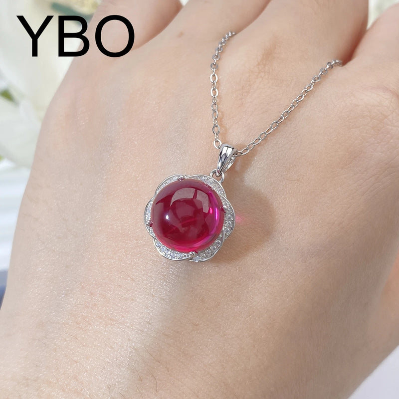 925 Sterling Silver Red Corundum Flower Pendant Necklace for Women