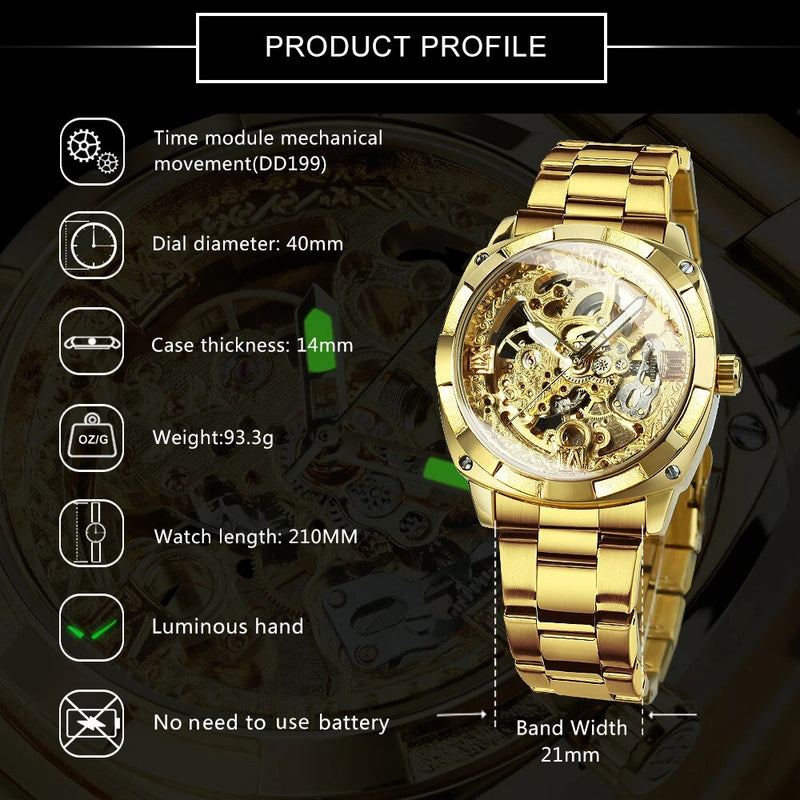 Stainless Steel Square Skeleton Automatic Watch with Engraved Movement for Men