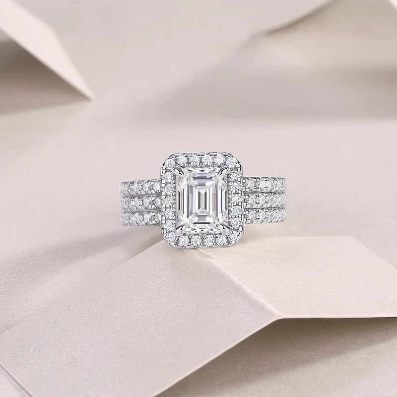 925 Sterling Silver Emerald Cut VVS1 D Color Moissanite Diamond Wedding Engagement Ring Set