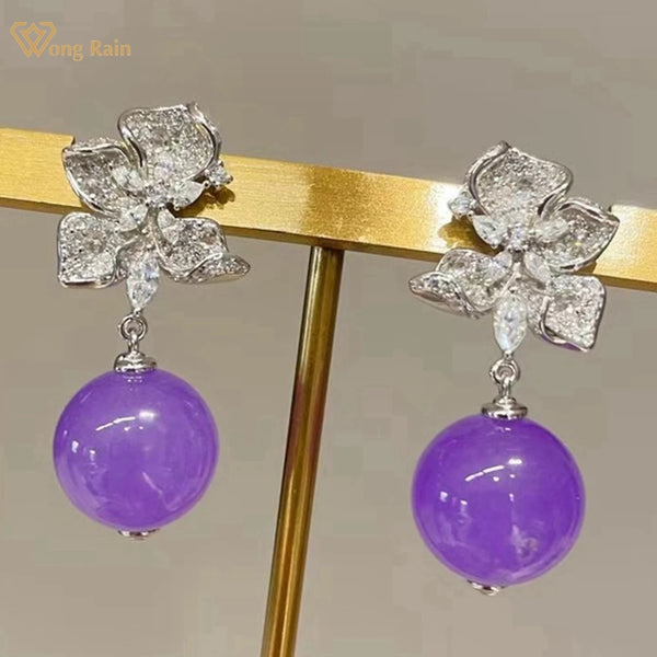 Wong Rain Elegant 925 Sterling Silver Jade High Carbon Diamond Gemstone Flower Drop Earrings for Women Jewelry Wholesale