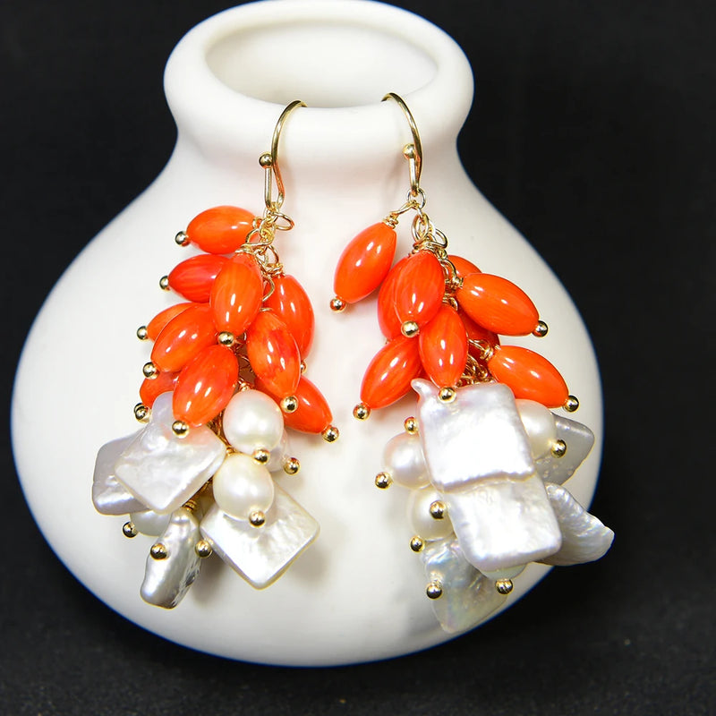 Sterling Silver Natural White Cultured Keshi Pearl and Orange Rice Coral Hook Earrings For Women