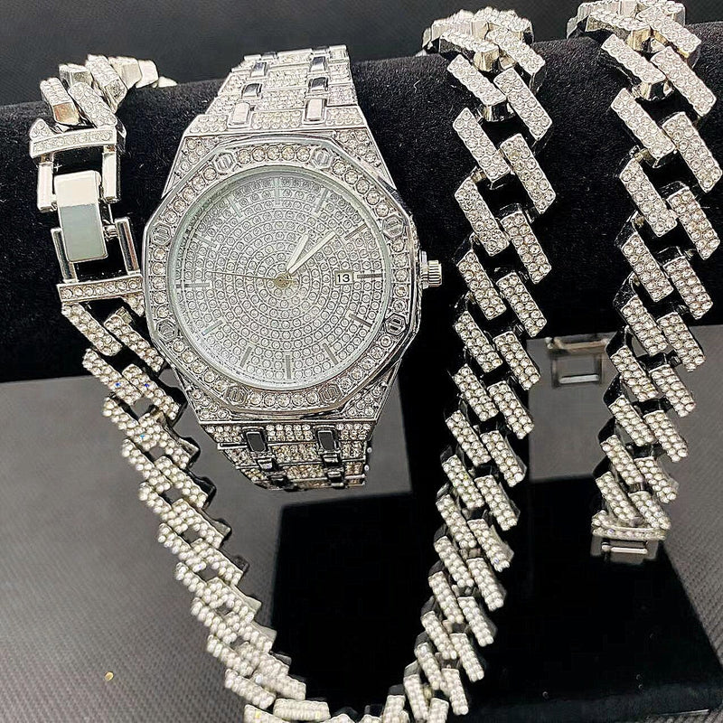 14k Gold Iced Out Diamond Wrist Watch and Chain Set for Men