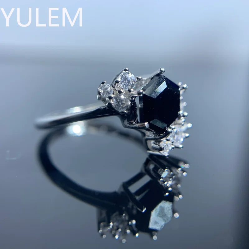 925 Sterling Silver Natural Hexagon Black Spinel Flower Ring for Women