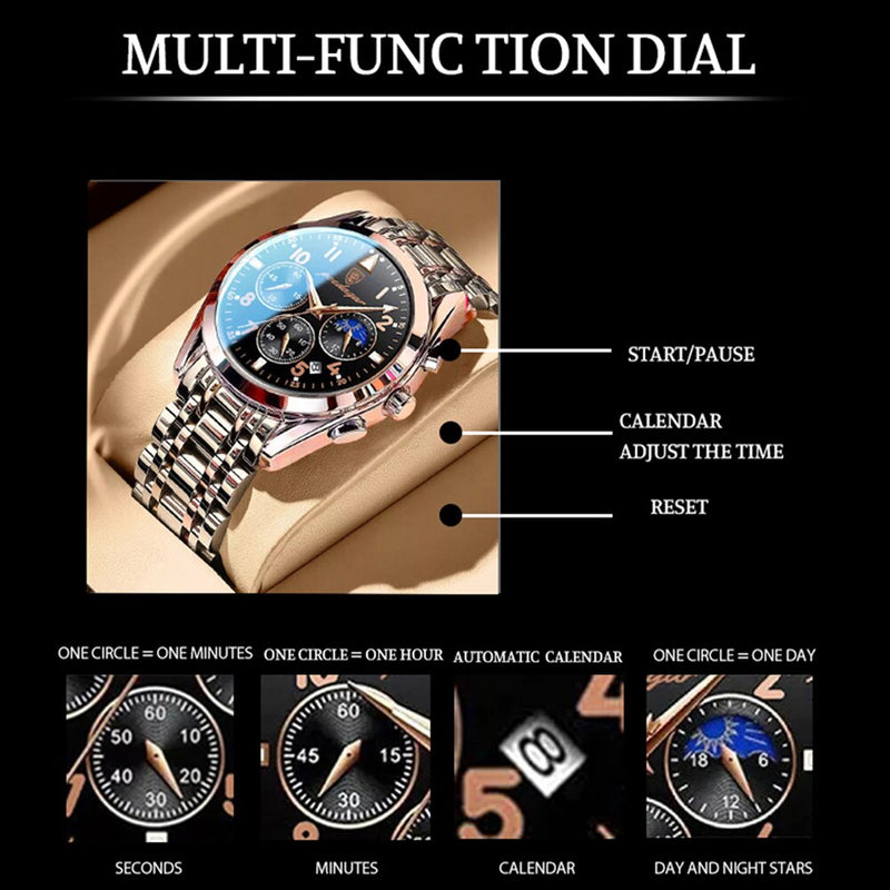 Stainless Steel Quartz Chronograph Watch with Luminous Hands for Men