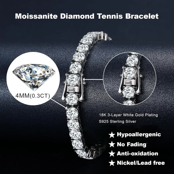 S925 Silver Moissanite 4MM Tennis Bracelet for Women Men