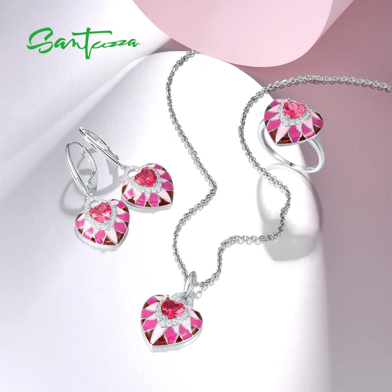 925 Sterling Silver Pendant Earrings Ring with White CZ and Pink Heart Enamel