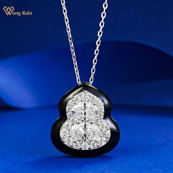 Wong Rain 925 Sterling Silver 5*7 MM Lab Sapphire High Carbon Diamond Gemstone Ashi Devise Pendant Necklace Fine Jewelry