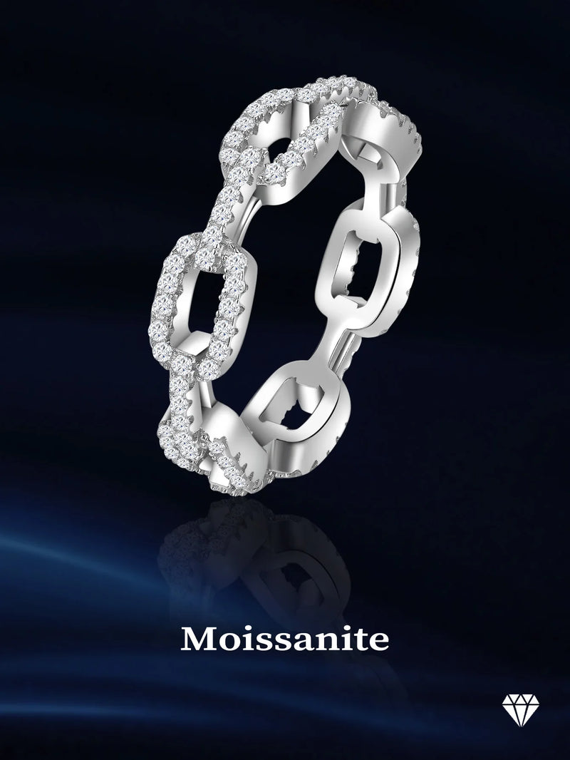 Sterling Silver Full Diamond & Moissanite Chain Ring for Women