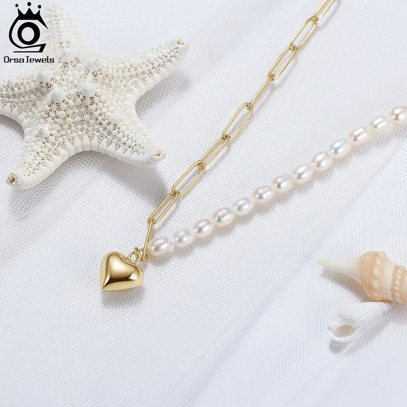 14K Gold Freshwater Pearl Sweet Heart Pendant Choker Necklace for Female