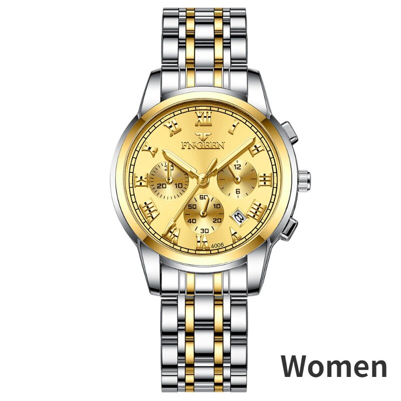 Stainless Steel Black Luminous Calendar Date Watch with three eyes and six pins for Men and Women