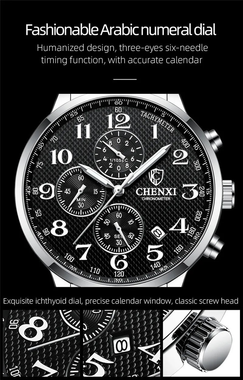 Stainless Steel Leather Chronograph Watch for Men