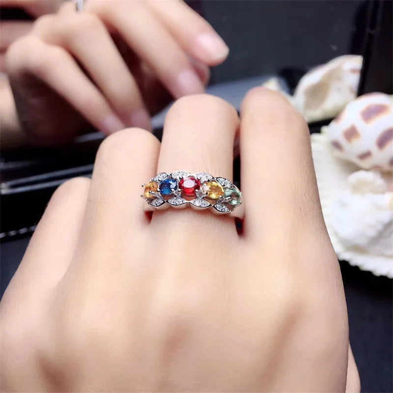 Sterling Silver Natural Multicolor Sapphire Ring for Women