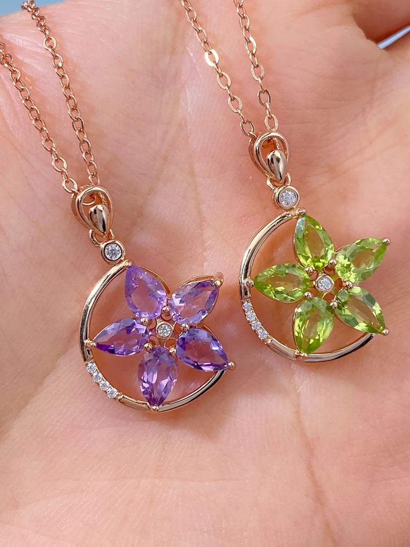 Rose Gold Plated 925 Sterling Silver Green Purple Garnet Flower Pendant Necklace for Women