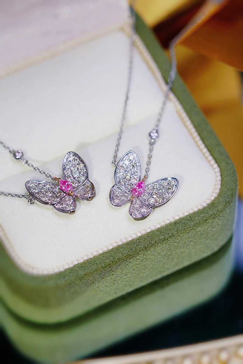 18K White Gold Pink Diamond Butterfly Pendant Necklace for Women